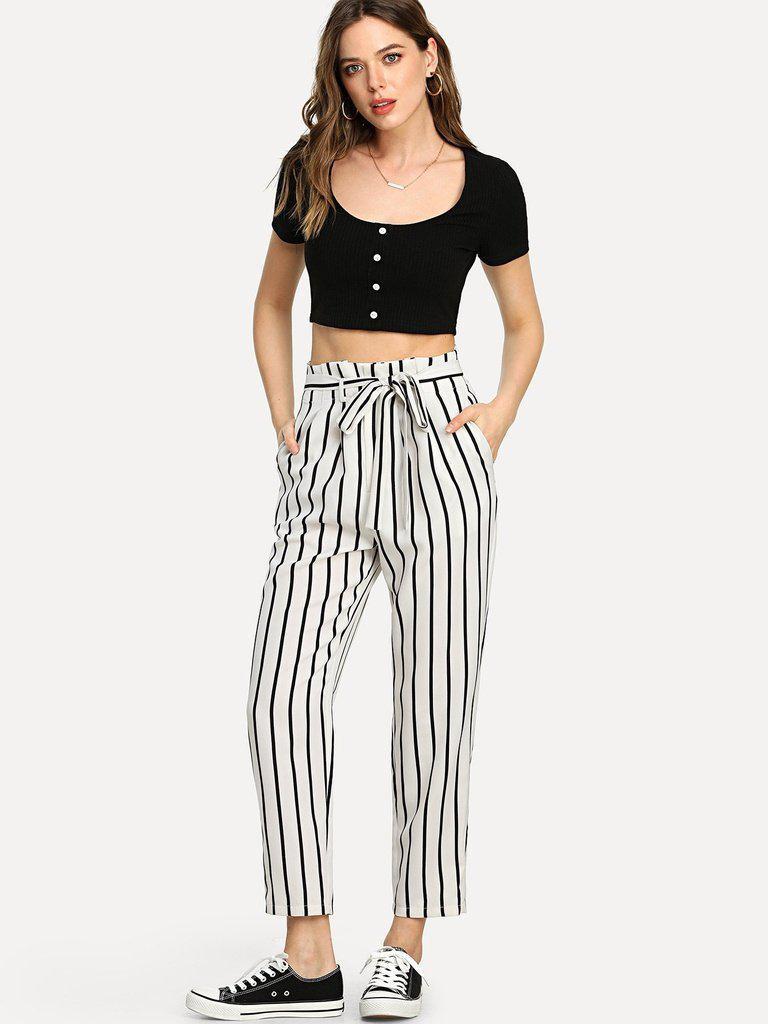 Self Tie Waist Striped Tapered Pants-bottom-Des Mess