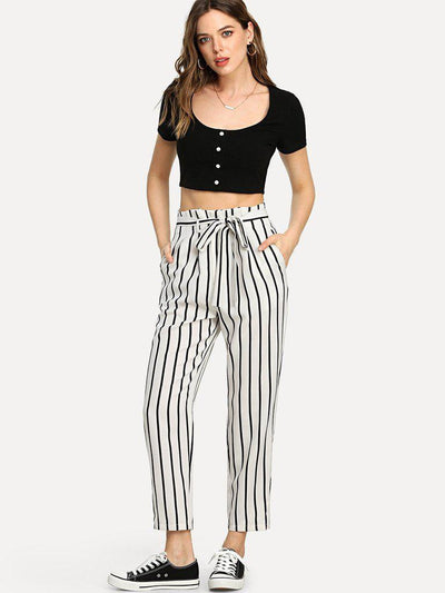 Self Tie Waist Striped Tapered Pants-bottom-Des Mess