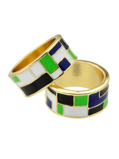 Green-8 Enamel Geometric Pattern Finger Rings-jewelry-Des Mess