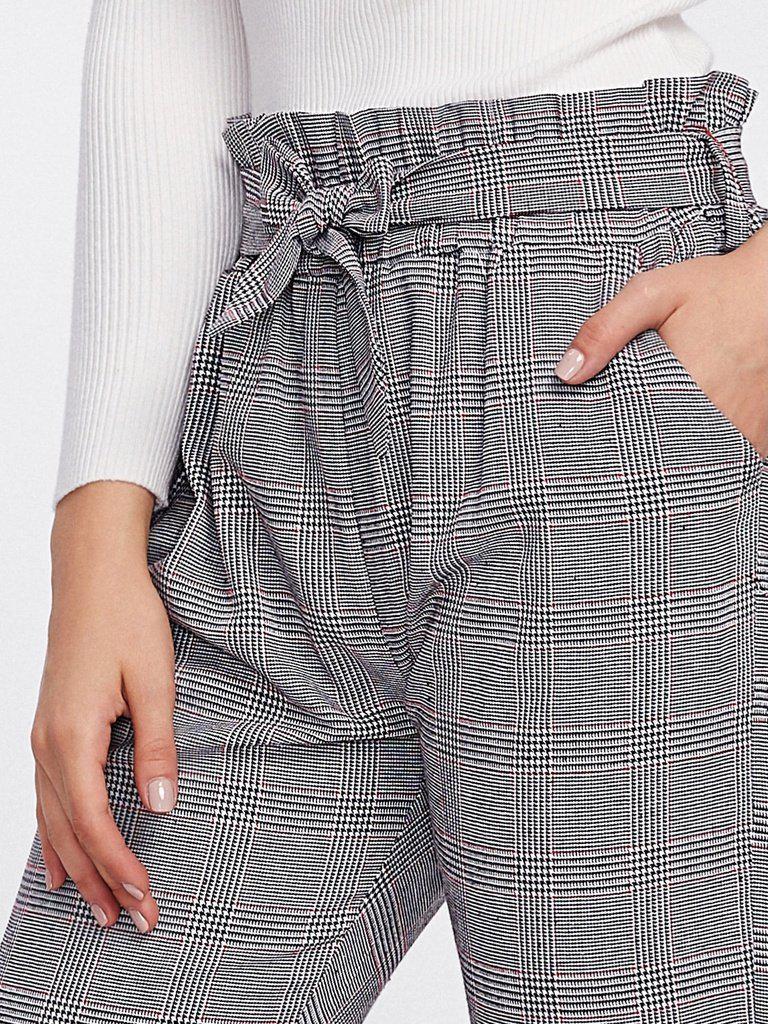 Tie Waist Glen Plaid Frill Pants-bottom-Des Mess