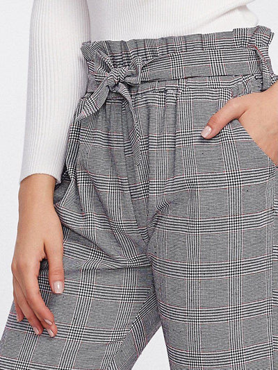 Tie Waist Glen Plaid Frill Pants-bottom-Des Mess