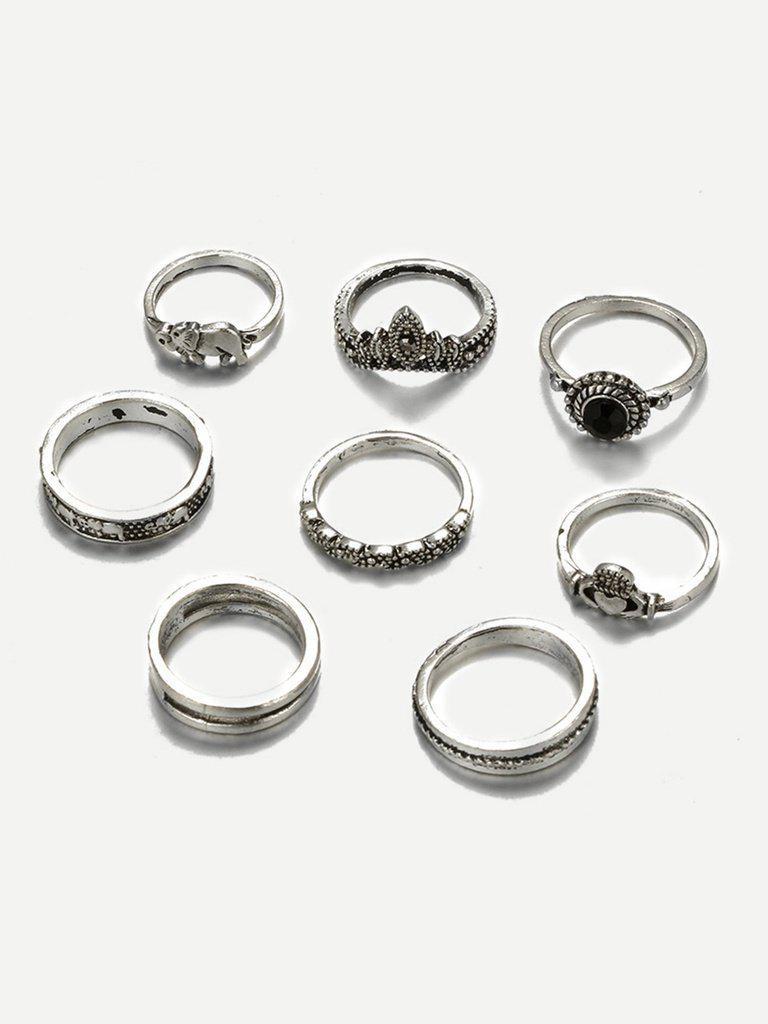 Elephant & Gemstone Rings Set 8pcs-jewelry-Des Mess