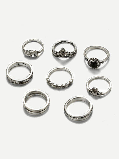 Elephant & Gemstone Rings Set 8pcs-jewelry-Des Mess
