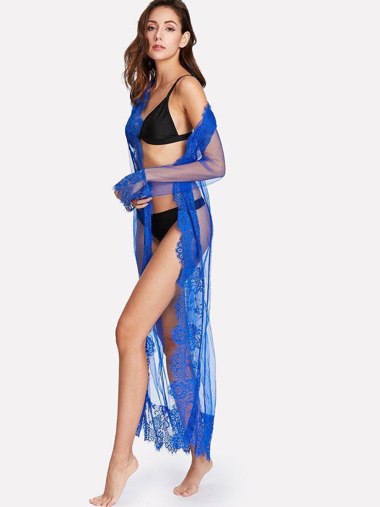Eyelash Lace Trim Mesh Robe With Belt-loungewear-Des Mess