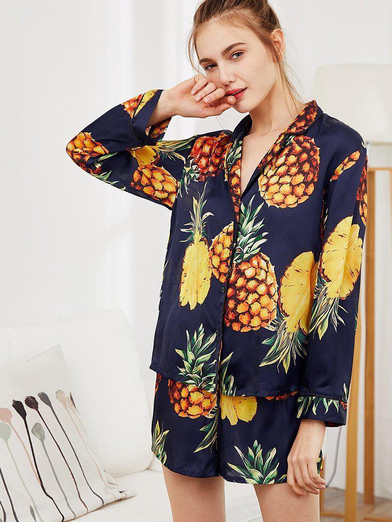 Pineapple Print Tipping Shirt & Shorts Pajama Set-loungewear-Des Mess