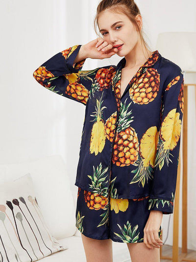 Pineapple Print Tipping Shirt & Shorts Pajama Set-loungewear-Des Mess