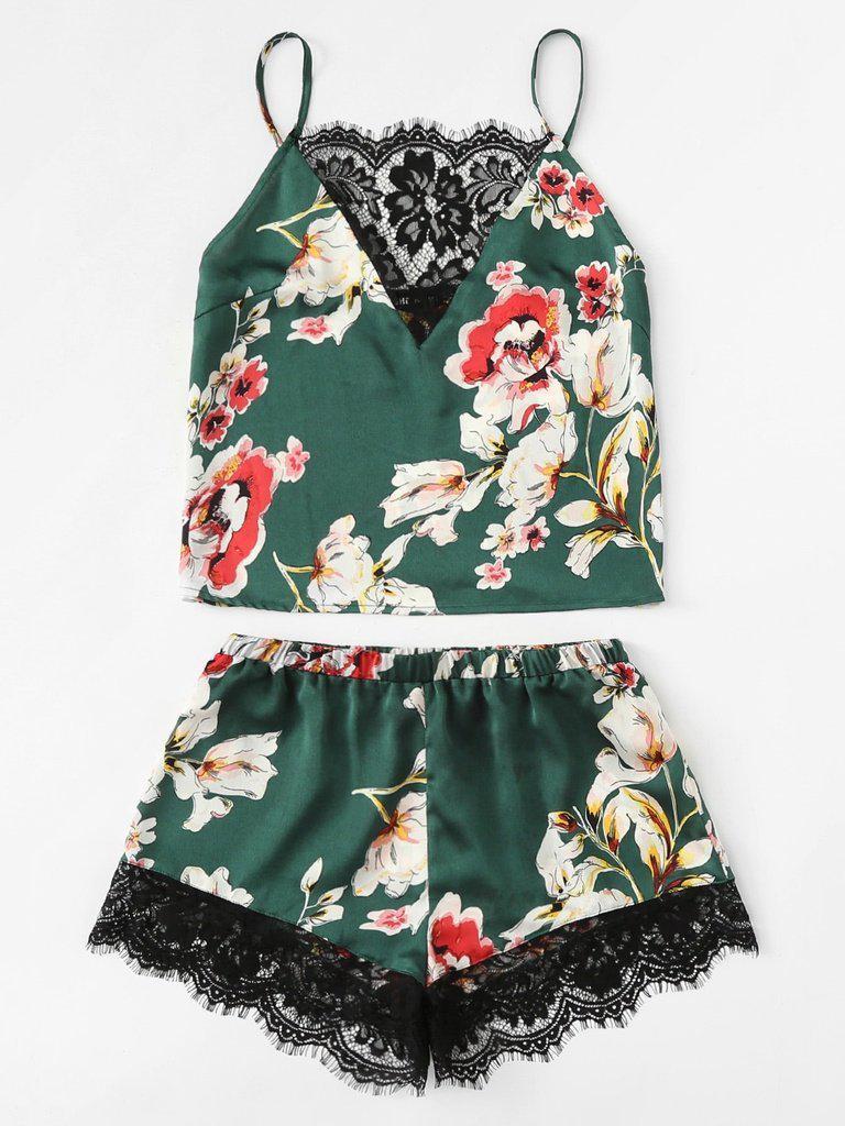Floral Print Lace Insert Cami Top And Shorts PJ Set-loungewear-Des Mess