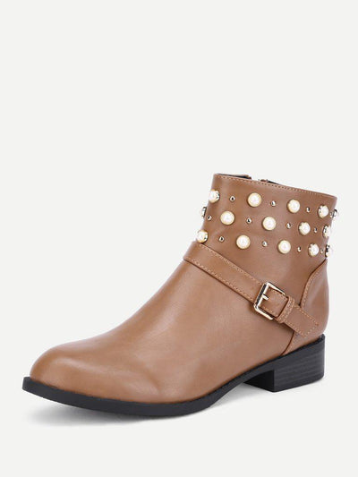 Faux Pearl Detail PU Ankle Boots-shoes-Des Mess