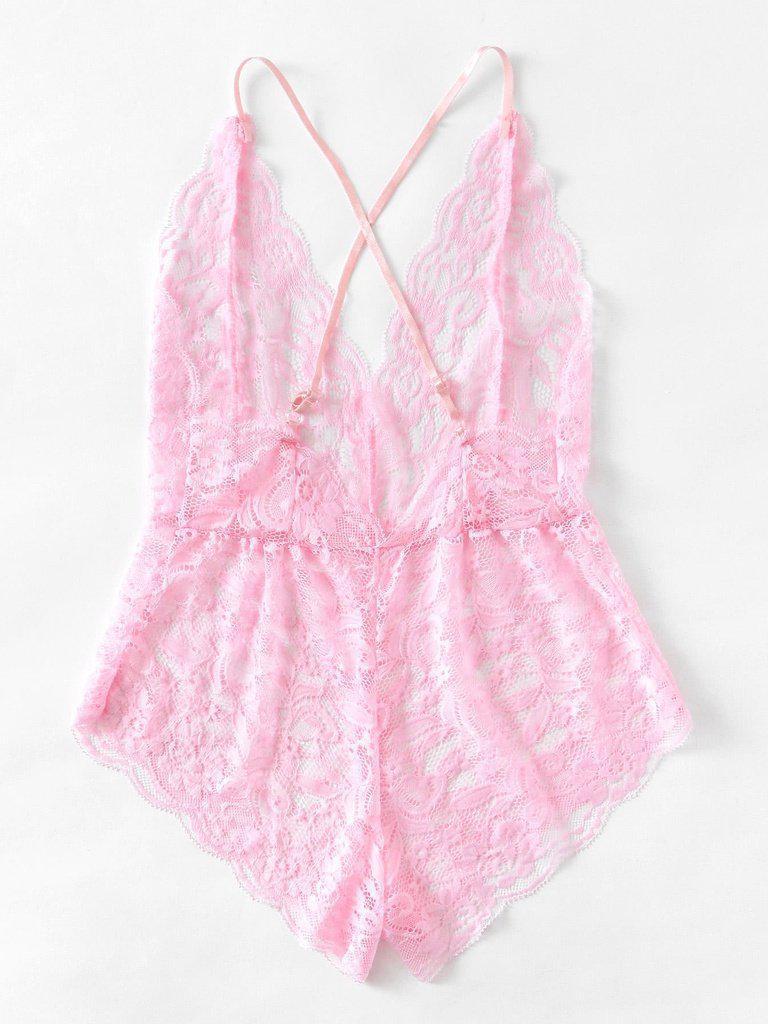 Scalloped Trim Criss Cross Lace Bodysuit-lingerie-Des Mess