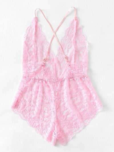 Scalloped Trim Criss Cross Lace Bodysuit-lingerie-Des Mess