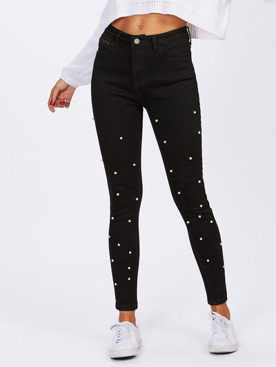 Pearl Beaded Front Jeans-bottom-Des Mess
