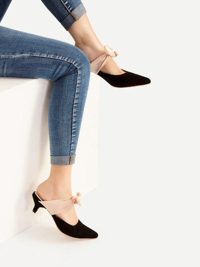 Black Point Toe Contrast Bow Tie Heeled Mules-shoes-Des Mess