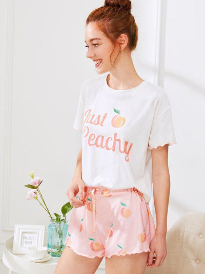 Fruit Print Lettuce Edge Tee And Shorts PJ Set-loungewear-Des Mess