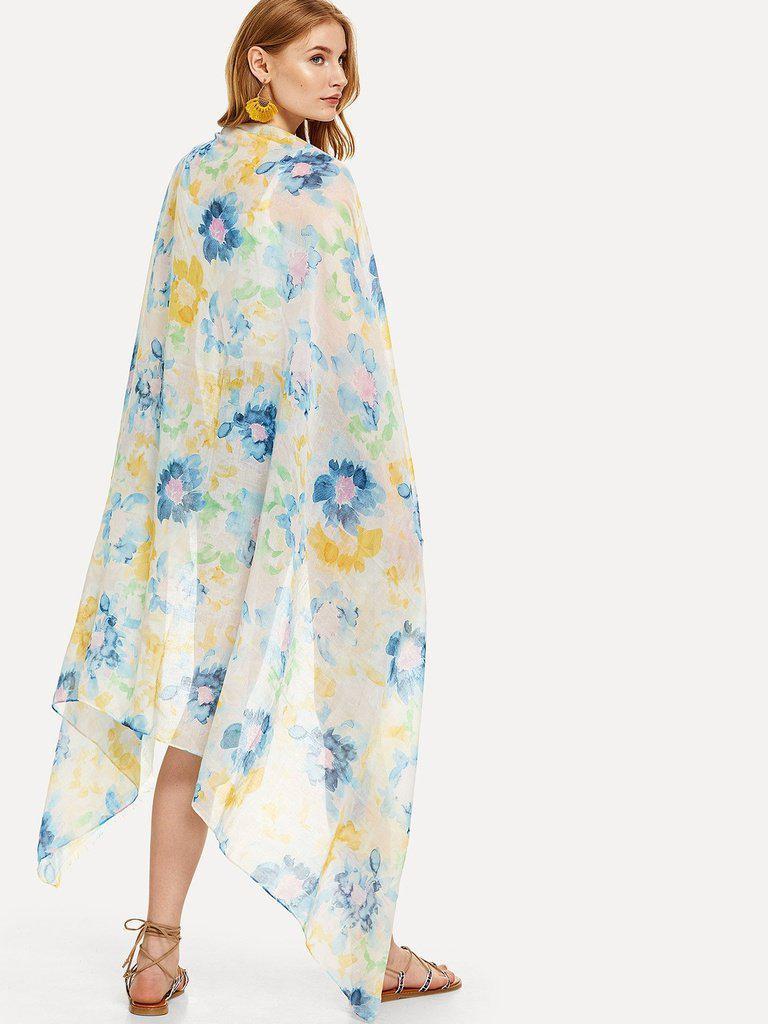 Flower Print Frayed Trim Scarf-accessories-Des Mess