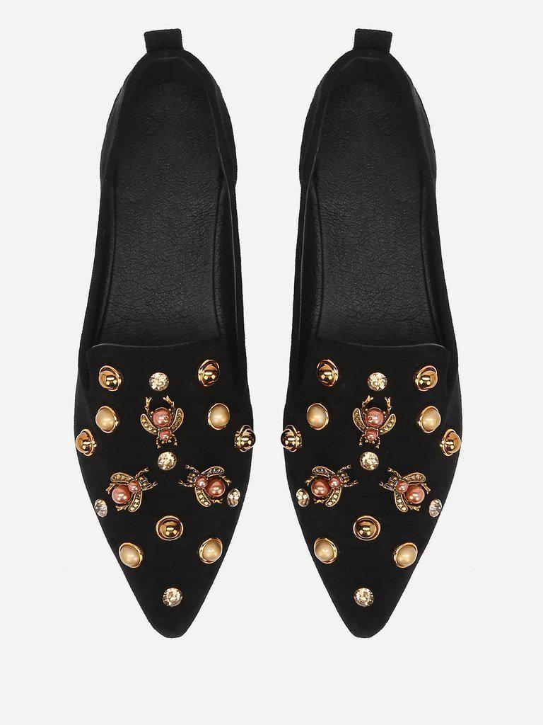 Faux Pearl Decorated Pointed Toe Flats-shoes-Des Mess