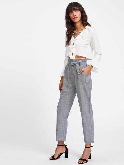 Tie Waist Glen Plaid Frill Pants-bottom-Des Mess