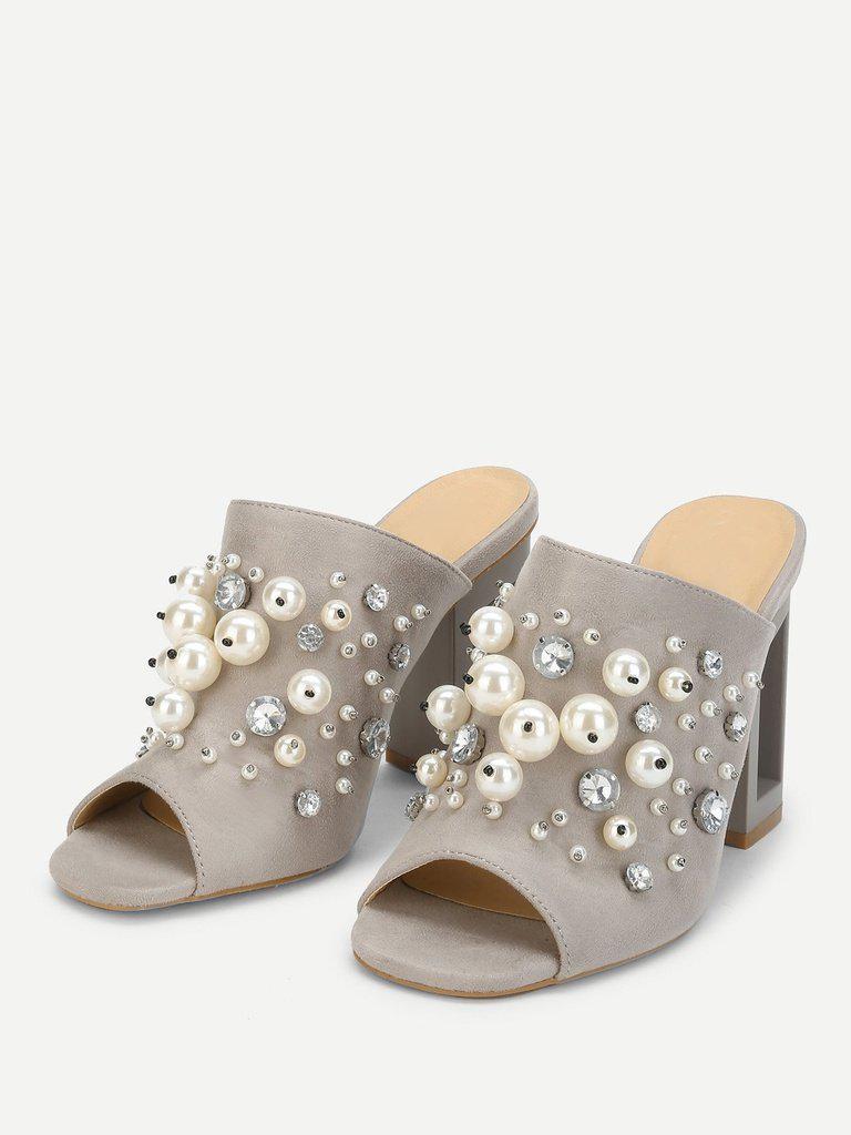 Faux Pearl Decorated Chunky Heeled Mules-shoes-Des Mess