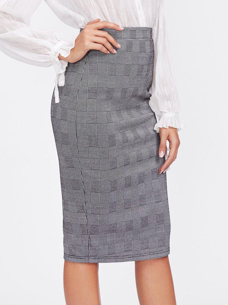 Vented Back Plaid Pencil Skirt-bottom-Des Mess