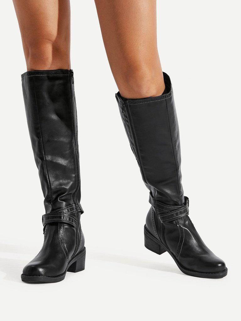Buckle Side Knee High PU Boots-shoes-Des Mess