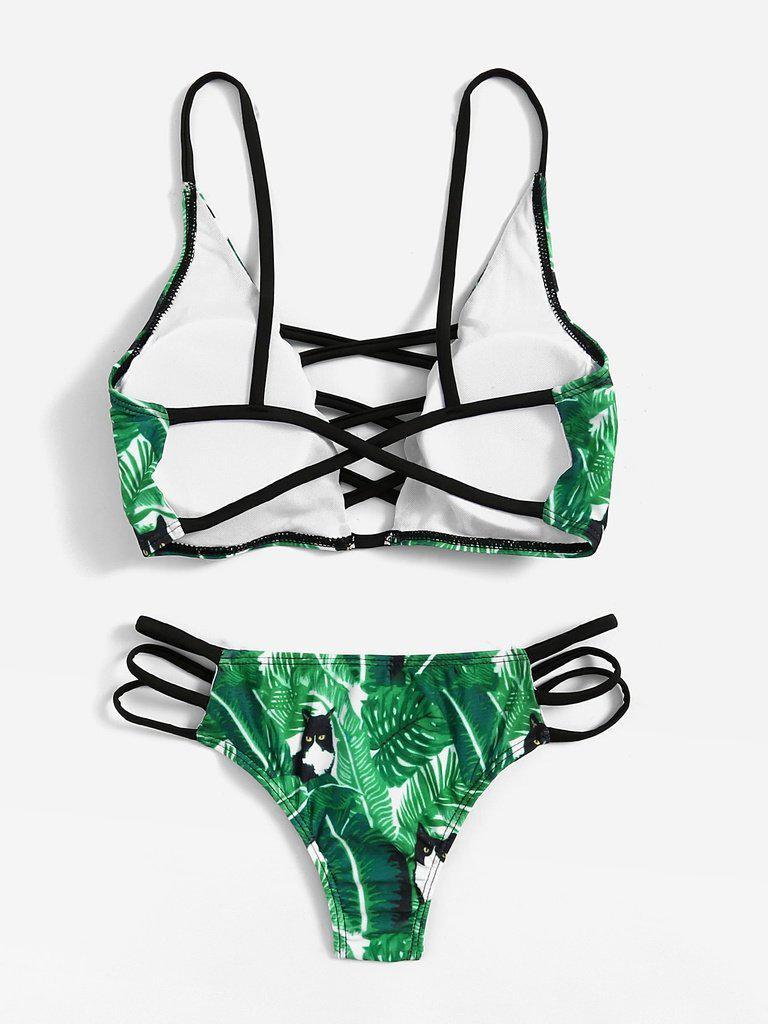 Leaf Print Criss Cross Bikini Set-swimwear-Des Mess