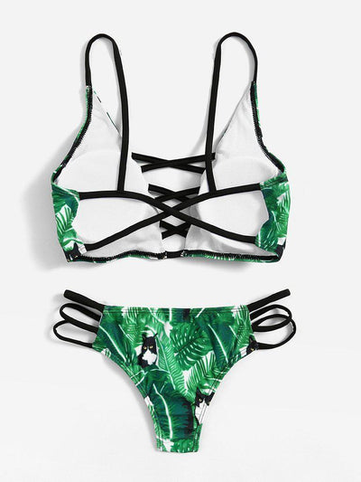 Leaf Print Criss Cross Bikini Set-swimwear-Des Mess