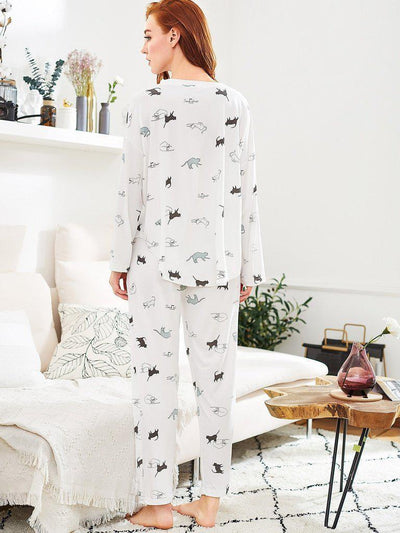 Cat Print Long Pajama Set-loungewear-Des Mess