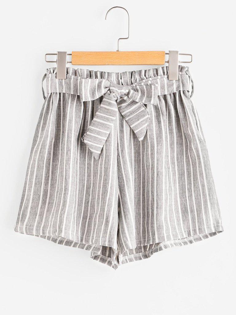 Vertical Stripe Elastic Waist Self Tie Front Shorts-bottom-Des Mess