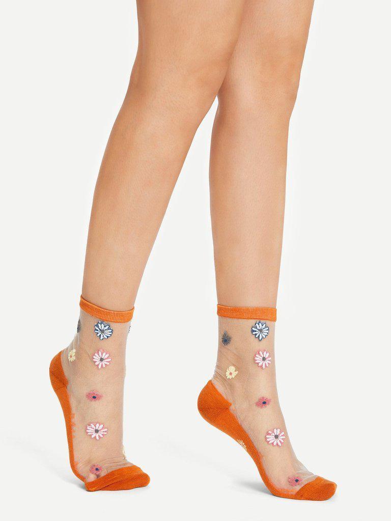 Flower Pattern Clear Design Ankle Socks 5Pairs-accessories-Des Mess