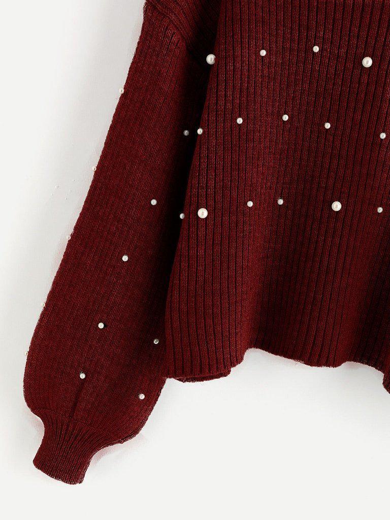 Pearl Embellished Exaggerated Bishop Sleeve Ribbed Sweater-outerwear-Des Mess