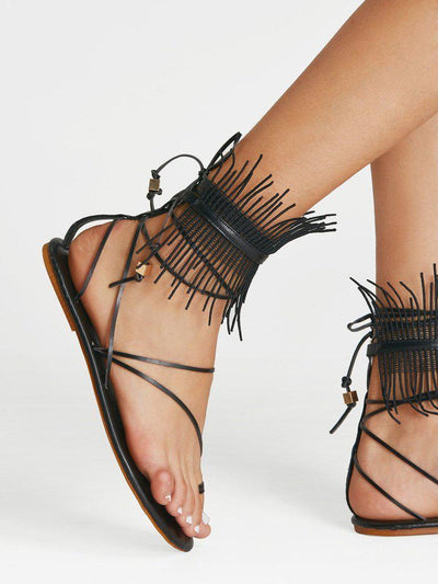 Fringe Detail Lace Up Sandals-shoes-Des Mess