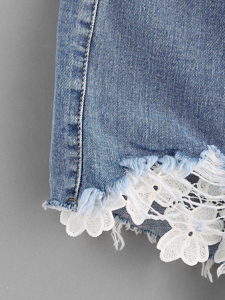 Contrast Crochet Frayed Hem Denim Shorts-bottom-Des Mess