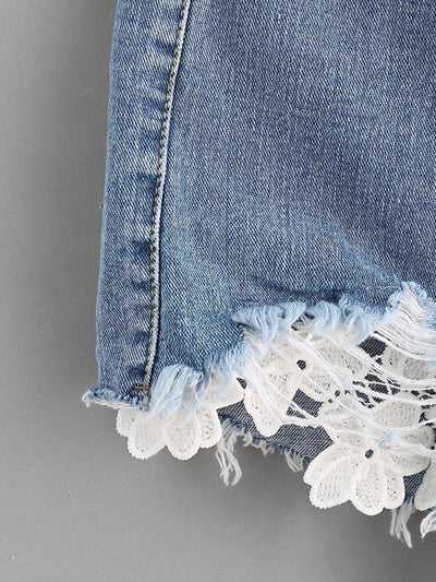 Contrast Crochet Frayed Hem Denim Shorts-bottom-Des Mess
