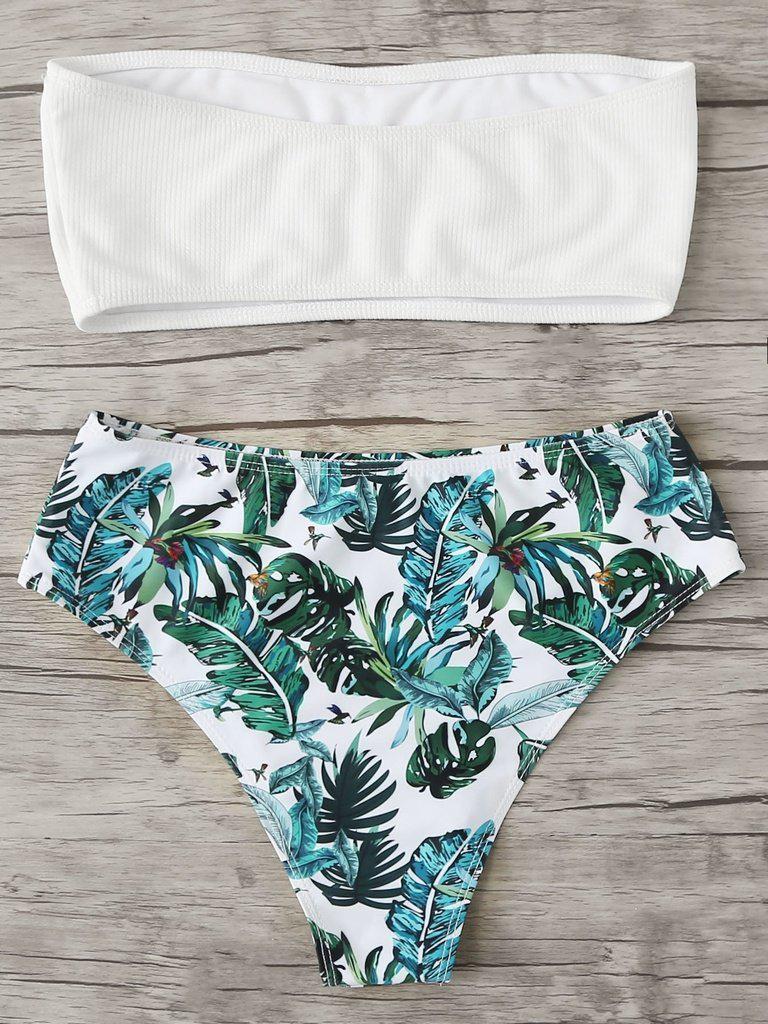 Tropical Print Bandeau Bikini Set-swimwear-Des Mess