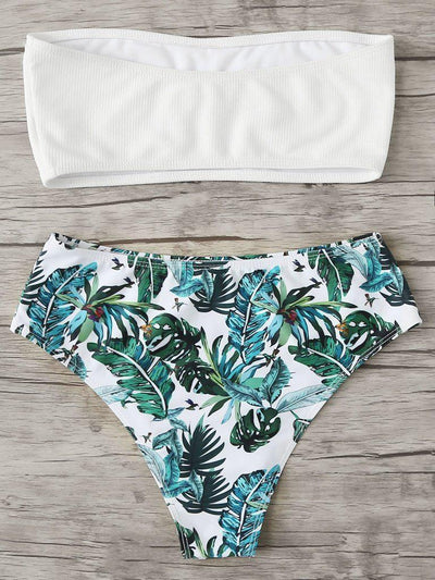 Tropical Print Bandeau Bikini Set-swimwear-Des Mess