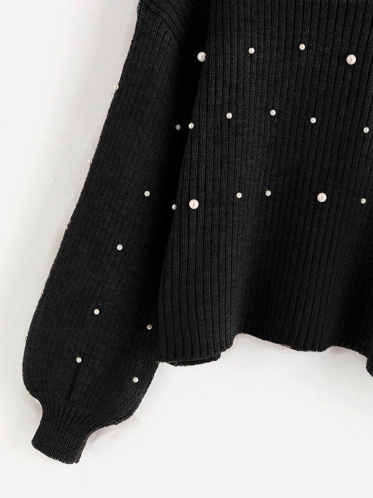 Pearl Embellished Exaggerated Bishop Sleeve Ribbed Sweater-outerwear-Des Mess