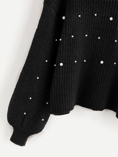Pearl Embellished Exaggerated Bishop Sleeve Ribbed Sweater-outerwear-Des Mess
