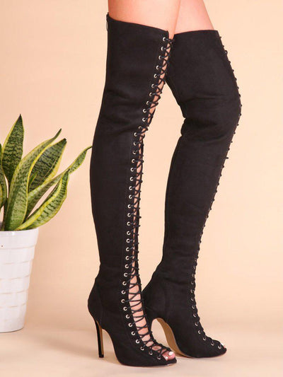 Black Sexy Criss Cross Lace Up Suede Thigh High Boots-shoes-Des Mess