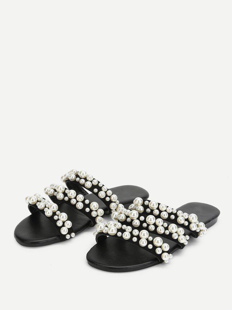 Faux Pearl Decorated Flat Sandals-shoes-Des Mess
