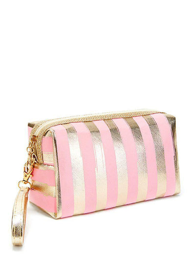 Metallic Striped Pouch With Wristlet-makeup-Des Mess