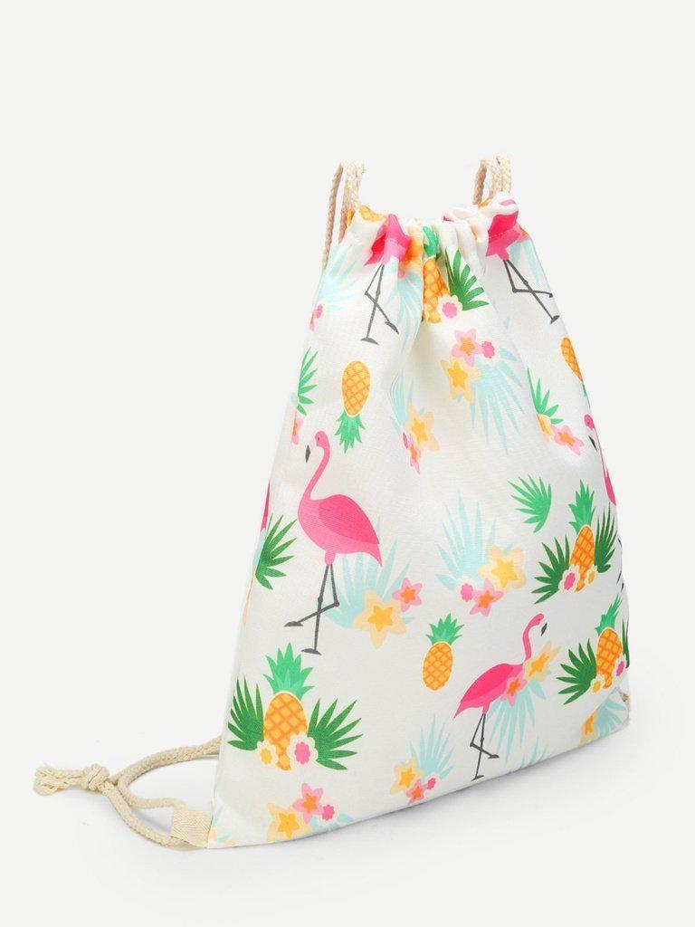 Pineapple & Flamingo Print Drawstring Backpack-accessories-Des Mess