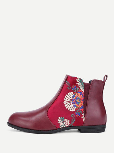 Flower Embroidery PU Flat Boots-shoes-Des Mess