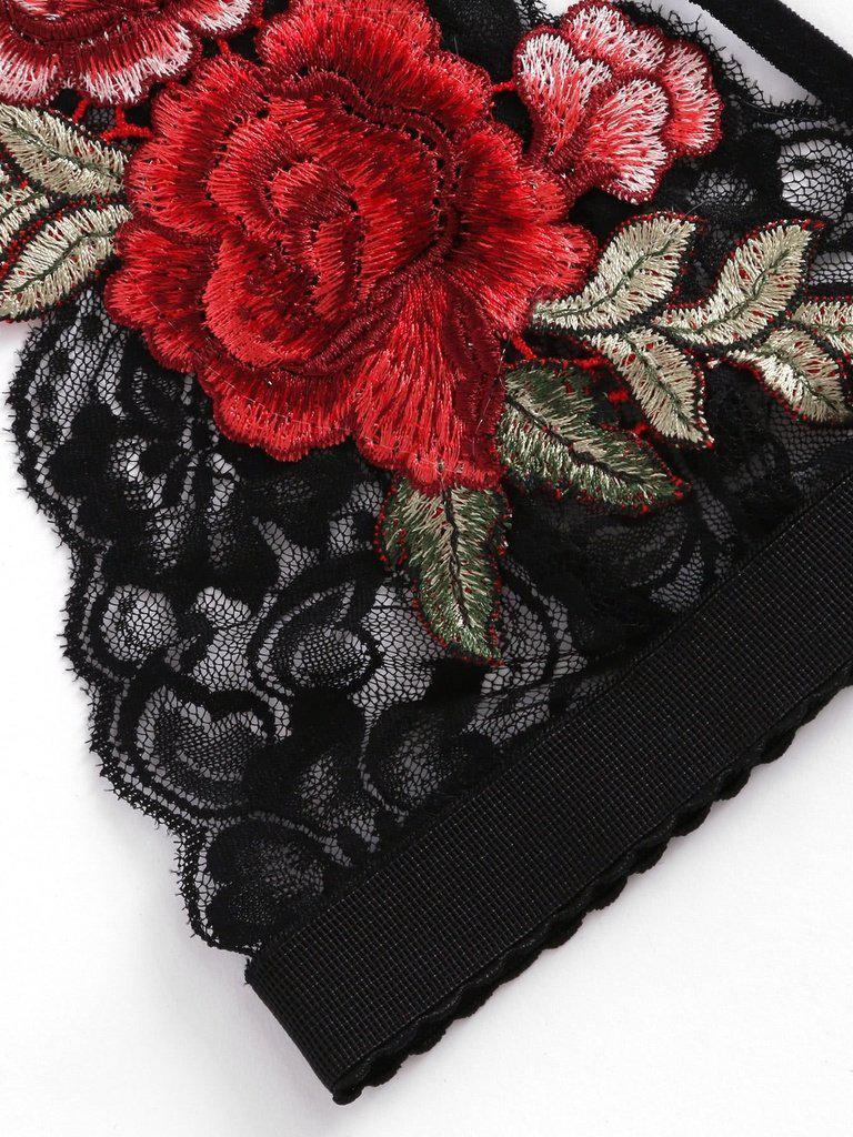 Embroidered Rose Applique Lace Bralette-lingerie-Des Mess