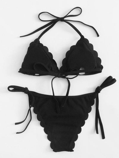 Knot Detail Scallop Trim Textured Bikini Set-swimwear-Des Mess