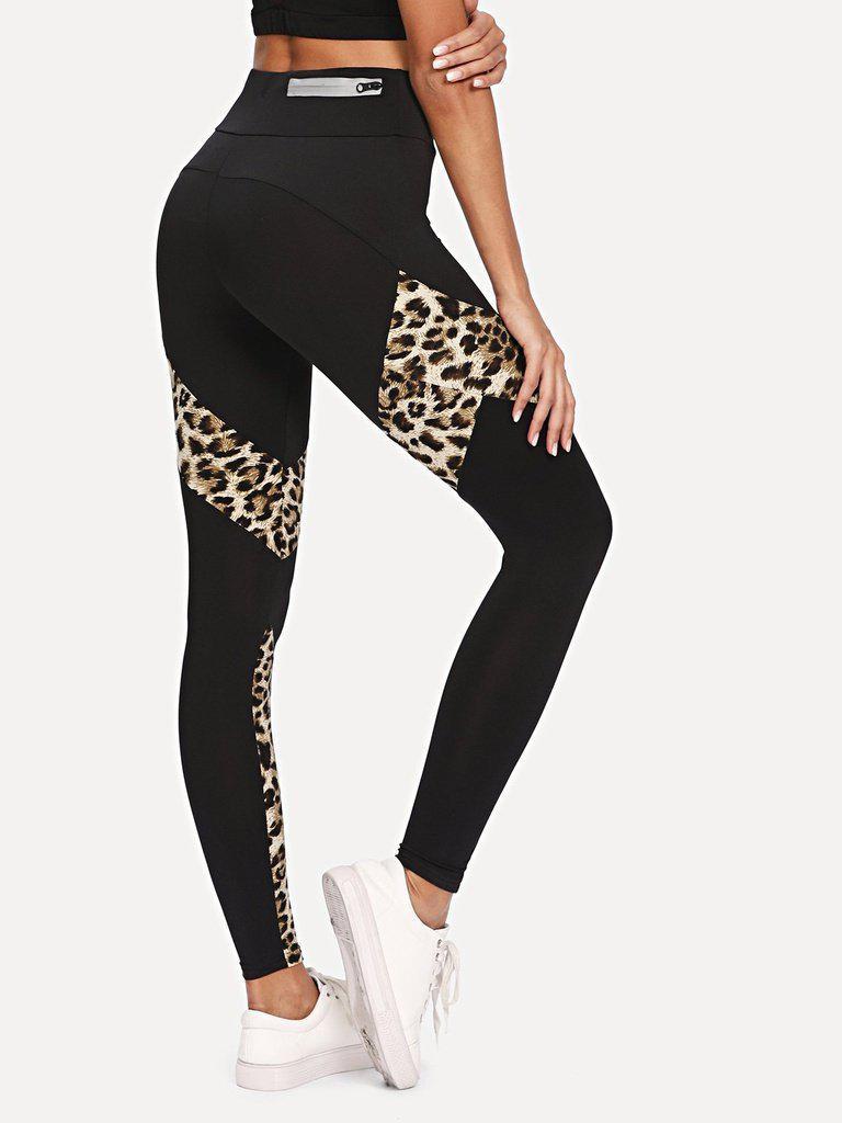 Leopard Panel Zip Detail Leggings-bottom-Des Mess