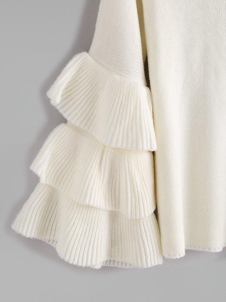 White Layered Ruffle Sleeve Pullover Sweater-outerwear-Des Mess