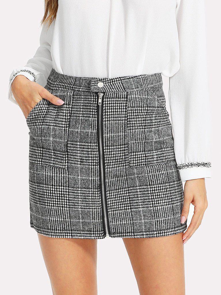 Zip Front Dual Pocket Plaid Skirt