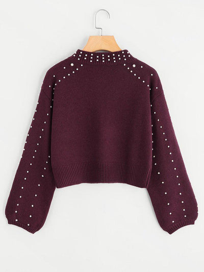 Bishop Sleeve Pearl Beading Crop Sweater-outerwear-Des Mess