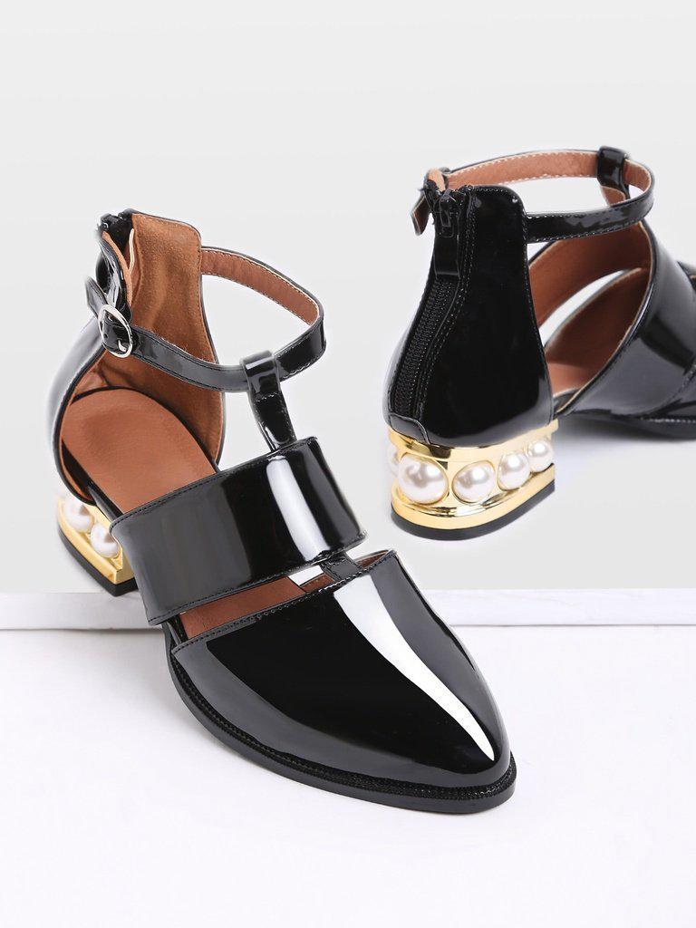 Black Pearl Design Back Zipper Patent Leather Shoes-shoes-Des Mess