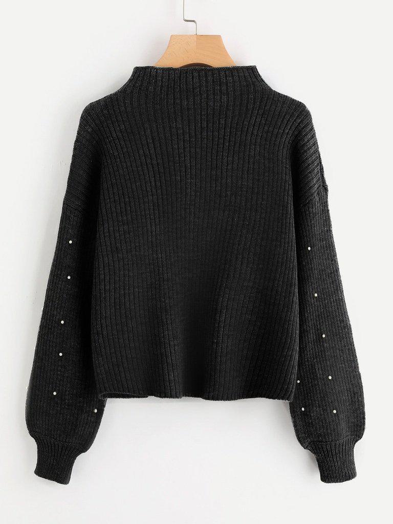 Pearl Embellished Exaggerated Bishop Sleeve Ribbed Sweater-outerwear-Des Mess