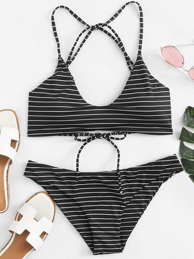 Striped Strappy Bikini Set-swimwear-Des Mess